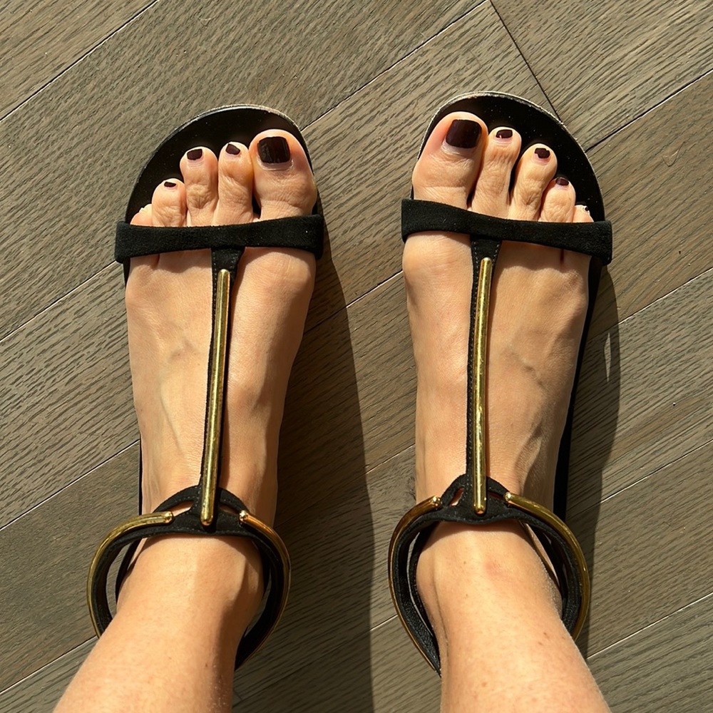 Gorgeous Black Flat Sandals with gold hardware by Giuseppe Zanetti Design